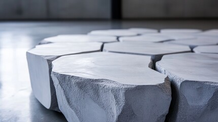 Sculptural concrete rocks arranged in an indoor gallery setting showcasing modern art