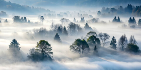 Obraz premium Mysterious landscape of trees covered in fog, foggy, eerie, mist, mysterious, nature, tranquil, atmospheric, ethereal, moody, spooky