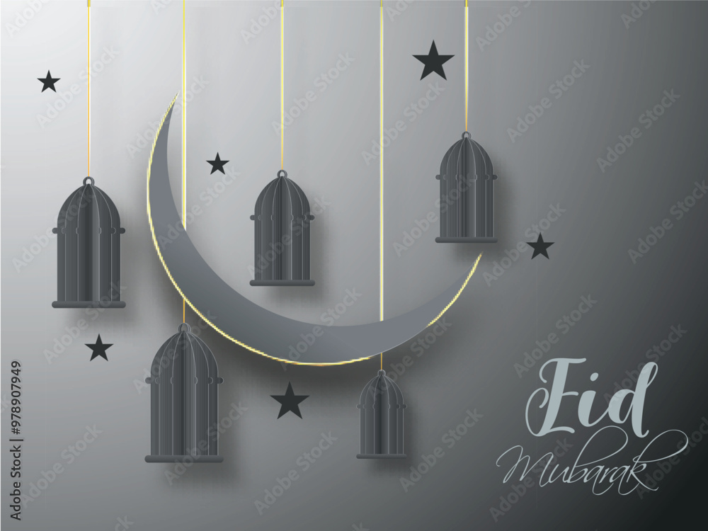 Sticker crescent moon and hanging paper cut lanterns decorated on grey background for eid mubarak celebratio