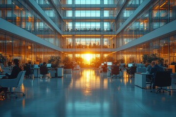 An expansive, glass-walled office at sunset, radiating a warm, golden glow, with professionals diligently working at their desks, highlighting productivity and modern design.