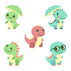 Obraz premium Set of Cute Baby Dinosaur Mascot Cartoon Character Playing While Smiling