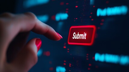 A close-up view of a hand pressing a red 'Submit' button on a digital screen, symbolizing user interaction and technology.
