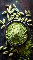 Matcha green tea powder with fresh cardamom pods on black background.