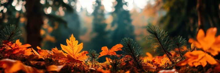 Vibrant autumnal leaves in a lush forest with warm glowing sunlight filtering through the trees creating a serene and peaceful nature scene  The colorful foliage is layered with depth and texture