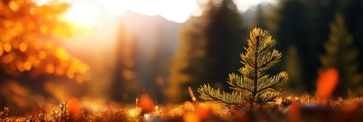Vibrant sunset light shining through the branches of a pine tree in a serene snowy winter forest landscape creating a peaceful and atmospheric natural scene