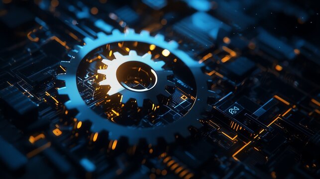 Close-up of a metallic gear on a futuristic circuit board with glowing elements, symbolizing technology and innovation.