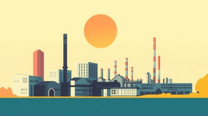 Obraz premium factory with the sun shining brightly behind it, casting long shadows. 