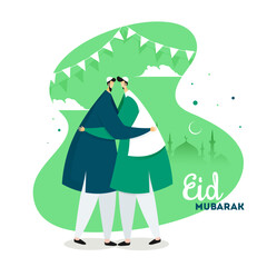 Faceless Muslim men hugging each other. Creative bunting decoration on green background for Islamic Festival celebration Eid Mubarak.