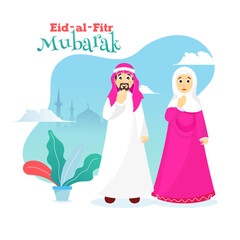 Eid Mubarak celebration concept with cartoon character of Muslim man and woman on sky view background poster or flyer design.