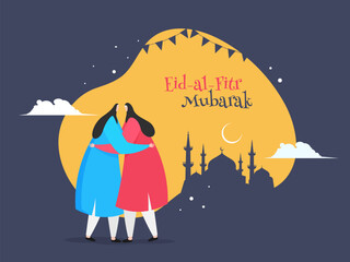 Cartoon character of Islamic women hugging each other in Eid Mubarak Festival celebration. Retro style poster or banner design.