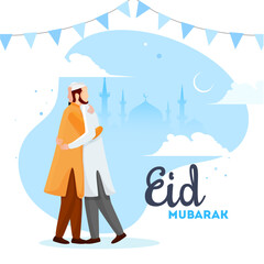 Beautiful poster and banner design with illustration of young men hugging each other in occasion of Islamic Festival Eid Mubarak.