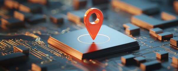 A digital representation of a location marker on a microchip, symbolizing technology and GPS navigation.