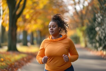 beautiful plus size woman runs outdoors in the park on a jogging track. Fitness goals for obesity