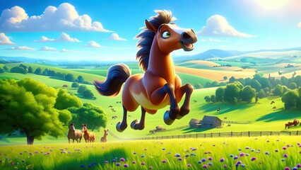 Animated horse galloping joyfully through a lush green meadow with a bright blue sky and rolling hills in the background