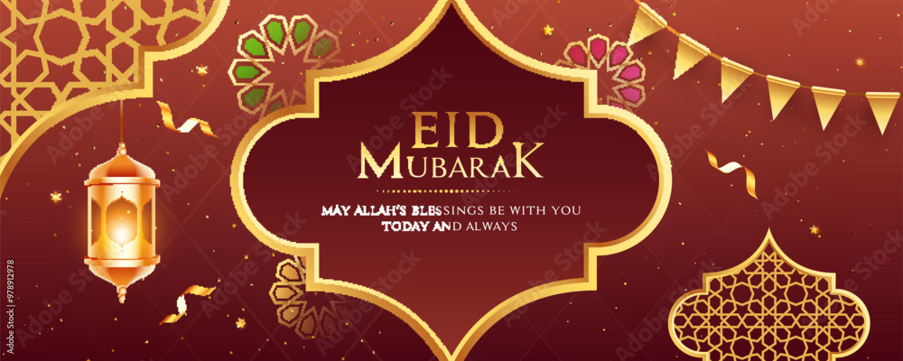 Wall mural website header or banner design with decoration of different element on brown background for eid mub
