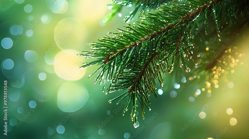 Wall mural Close-Up of Pine Branch with Water Droplets and Bokeh Background 