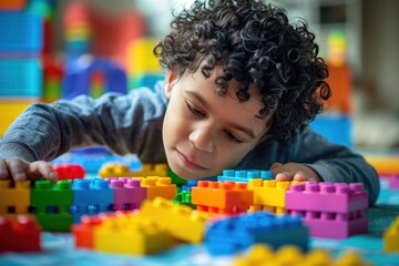 Portrait of a child with autism playing with colorful building blocks, deeply focused and happy