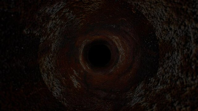 endless forward movement through dark rough old pipe. 3d render looped animation.