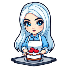 Cute chibi style art of a girl baking a cake in a bright kitchen, creating a fun and lovable vibe in a simple design.