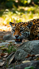 A leopard is staring at the camera with its mouth open