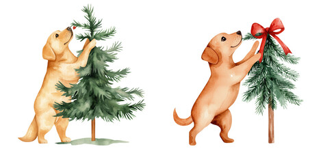 Fototapeta premium Playful puppies decorating a Christmas tree with festive ornaments, capturing the joy of the holiday season.