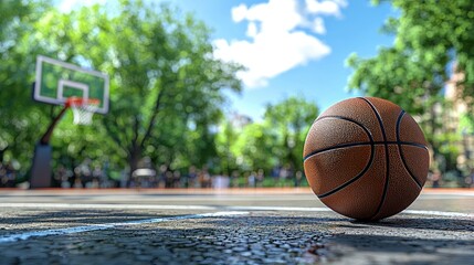 Basketball on a Court with a Hoop in the Background