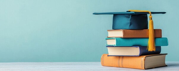 A stack of colorful books topped with a graduation cap, symbolizing education, achievement, and academic success.