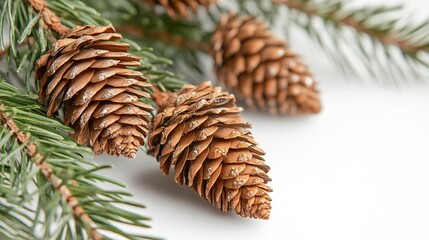 Pine Branch. White Background with Spruce Cones. Close-up Christmas Decoration 