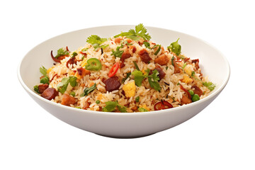 Fried rice on transparent background. Fried rice  themes. Asian cuisine themes. Asian restaurant. Paella cooking. PNG cut out. Image for graphic designer. Image for flyers.