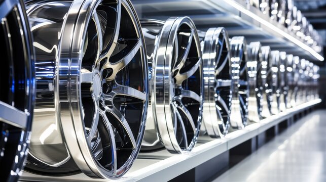 Sleek, polished alloy wheels are perfectly aligned in rows, highlighted by immaculate lighting, exemplifying precision and modern automotive aesthetics.