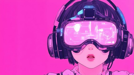 A striking cyberpunk anime girl, styled with vibrant colors and headphones, set against a minimalistic clean backdrop.