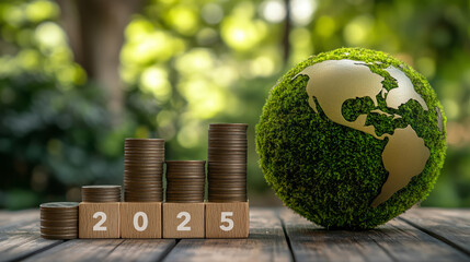 Green growth in 2025, featuring stacked coins alongside a green, eco-friendly globe. Green fund investment. The balance between economic progress and environmental and environmental sustainability.