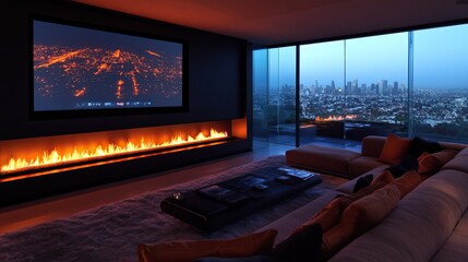 Naklejka premium Luxury modern living room with large sectional sofa and minimalist design.