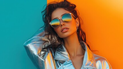 A woman poses against a vibrant split background of teal and orange, wearing reflective sunglasses and a shiny, metallic jacket, creating a bold and edgy fashion statement.