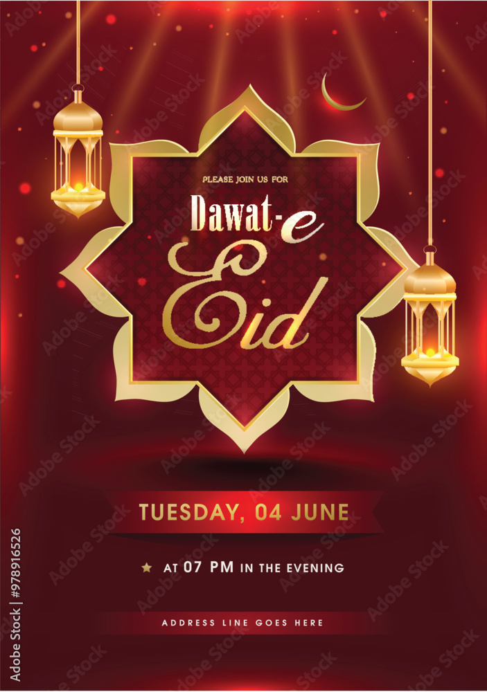 Poster dawat-e-eid invitation card design with hanging illuminated lanterns on shiny red background with ev