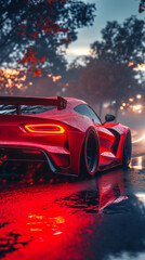 Red sports car in the rain, high quality wallpaper