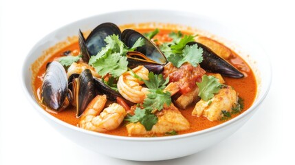 A bowl of spicy seafood curry soup
