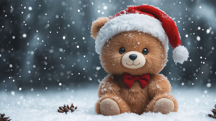 Teddy bear in Santa hat. A Christmas card.