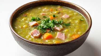A bowl of split pea soup with chunks