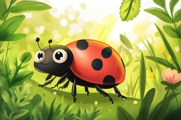Cute ladybug walking on a leaf in the grass