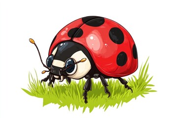 Fototapeta premium Cute ladybug walking on green grass illustration