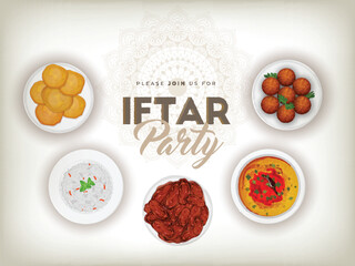 Iftar Party Celebration poster or flyer design with illustration of different type food on white background.