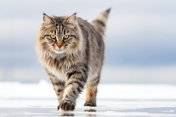Obraz premium Long-haired tabby cat walking confidently on a snowy surface, with a soft blue sky in the background