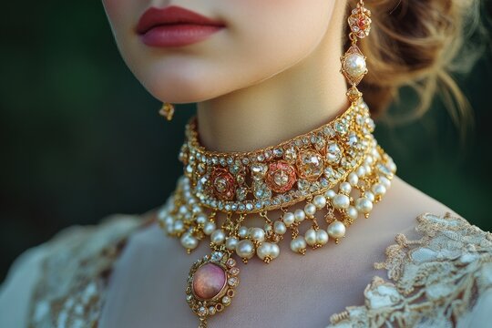 Bride wearing luxurious golden necklace with pearls and precious stones