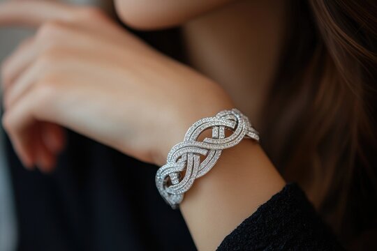 Woman wearing luxury diamond bracelet posing indoors