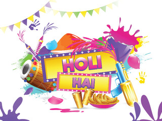 Holi festival celebration poster or banner design with illustration of festival elements on colorful background with balloon and bunting decoration.