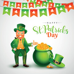 St. Patricks's Day Background with Happy Leprechaun's indicating towards coins pot.