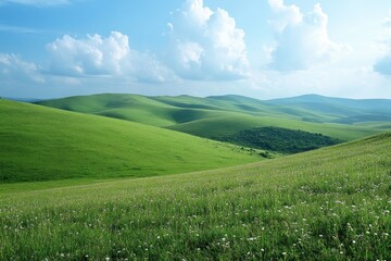 Fototapeta premium Green grass growing on vast prairie under blue sky with clouds