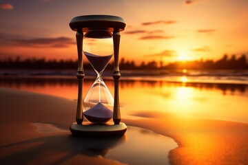 Photorealistic image of an hourglass at sunset, with sand slowly flowing to symbolize the passage of time against a serene background.