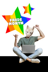 Vertical composite artwork collage image picture of dog head guy laptop point fingers pride month...